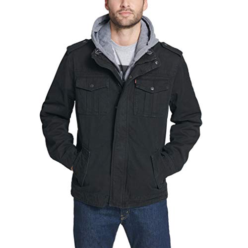 Levi's Men's Washed Cotton Military Jacket with Removable Hood (Standard and Big & Tall), Black, Large Levi's Men's Washed Cotton Military Jacket with Removable Hood (Standard and Big & Tall), Black, Large