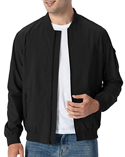 TBMPOY Men's Windproof Bomber Jackets Lightweight Running Spring Windbreaker Outdoor Coat Black M