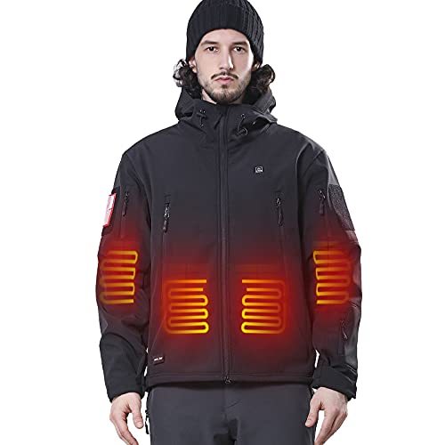 DEWBU Heated Jacket with 12V Battery Pack Winter Outdoor Soft Shell Electric Heating Coat, Men's Black, XL
