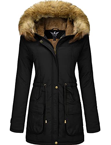 YXP Women's Winter Thicken Military Parka Jacket Warm Fleece Cotton Coat with Fur Hood (Black,XL)